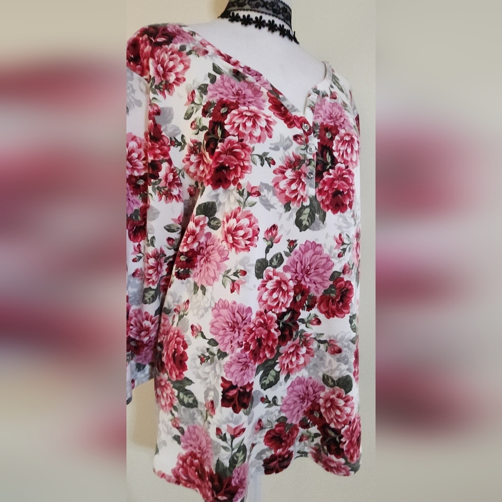 Karen Scott Floral Print 3/4 Sleeve Henley Top Womens Size PXL